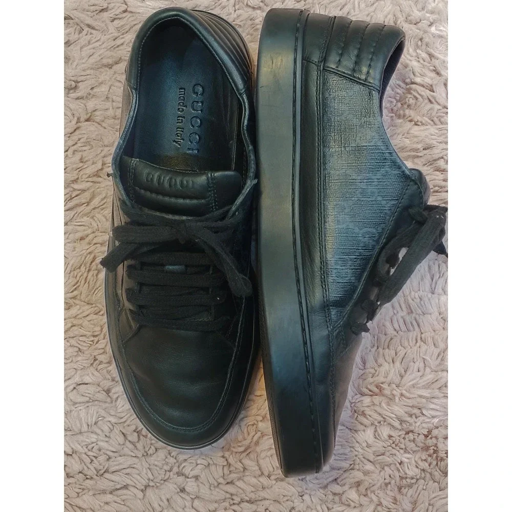 Gucci Mens‎ Black Leather GG Supreme Monogram Low Top Sneakers 433716 Size 9
